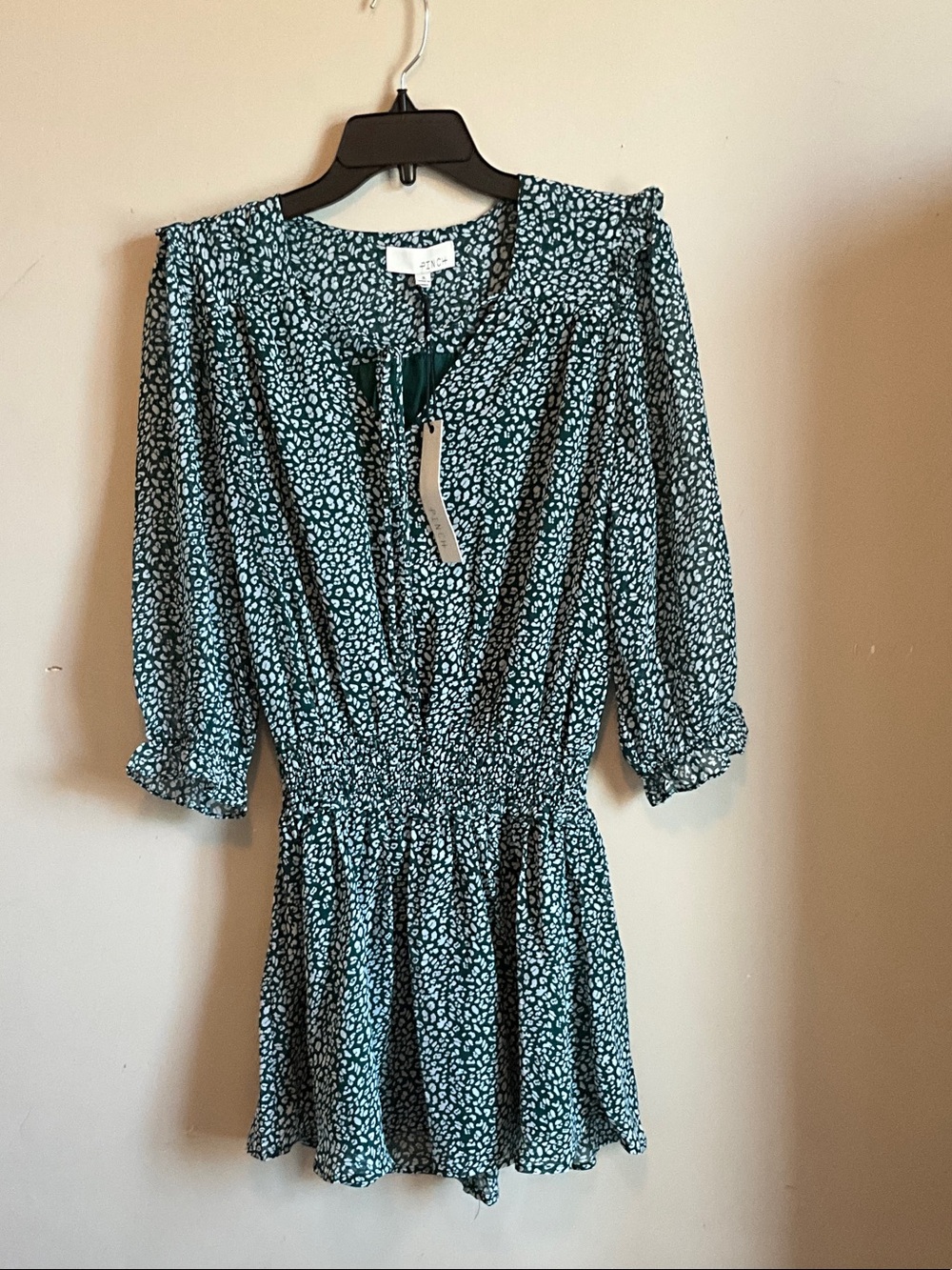 Pinch Green Leopard Printed Tie-Neck 3/4 Sleeve Mini Dress